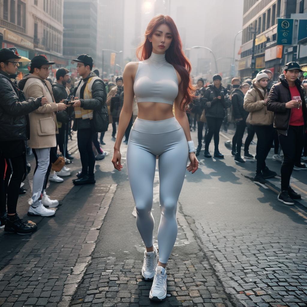  A wearing a tight leggings and  hyperrealistic, full body, detailed clothing, highly detailed, cinematic lighting, stunningly beautiful, intricate, sharp focus, f/1. 8, 85mm, (centered image composition), (professionally color graded), ((bright soft diffused light)), volumetric fog, trending on instagram, trending on tumblr, HDR 4K, 8K