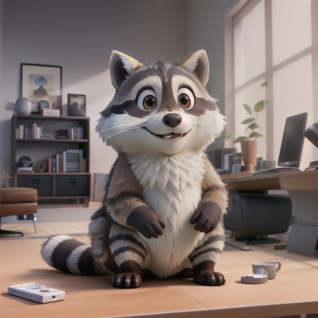  raccoon sitting in gaming chair front a computer on desktop, ((semi anthropomorphic)),(full body), tail, belly, sitting, fat, (chubby), (((white background))), solo, desktop, gaming chair, side view,  [[[clothes]]] hyperrealistic, full body, detailed clothing, highly detailed, cinematic lighting, stunningly beautiful, intricate, sharp focus, f/1. 8, 85mm, (centered image composition), (professionally color graded), ((bright soft diffused light)), volumetric fog, trending on instagram, trending on tumblr, HDR 4K, 8K