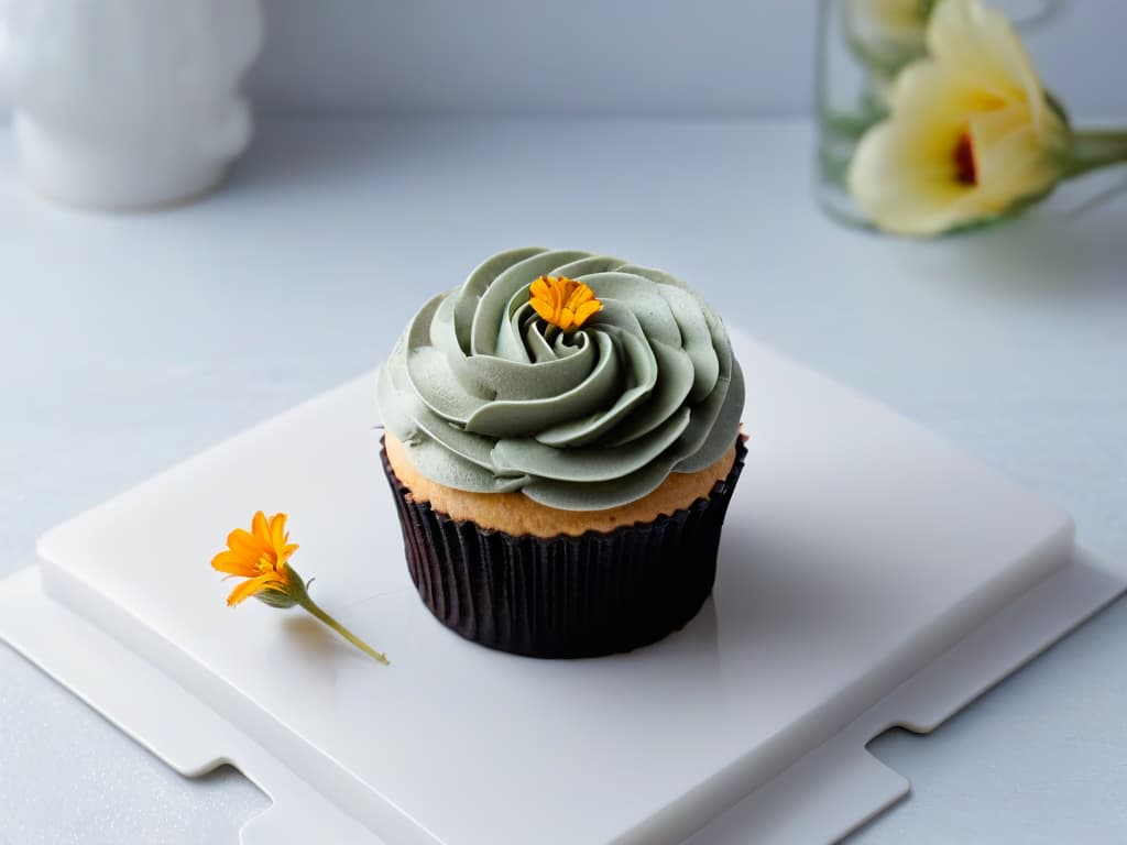  A closeup, ultradetailed image of a perfectly frosted vegan organic cupcake, topped with a delicate edible flower, resting on a sleek, modern marble countertop with soft natural lighting highlighting its texture and intricate details. hyperrealistic, full body, detailed clothing, highly detailed, cinematic lighting, stunningly beautiful, intricate, sharp focus, f/1. 8, 85mm, (centered image composition), (professionally color graded), ((bright soft diffused light)), volumetric fog, trending on instagram, trending on tumblr, HDR 4K, 8K