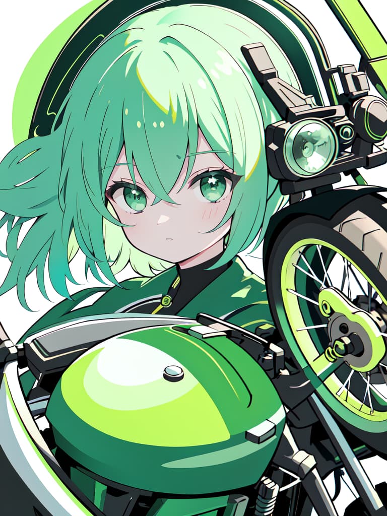  Motorcycle green hair character, detailed subject, precision shadow, delicate linear, detailed fine line, ultra high image quality, 4K, 8K, masterpiece, best quality,8k,ultra detailed,high resolution,an extremely delicate and beautiful,hyper detail