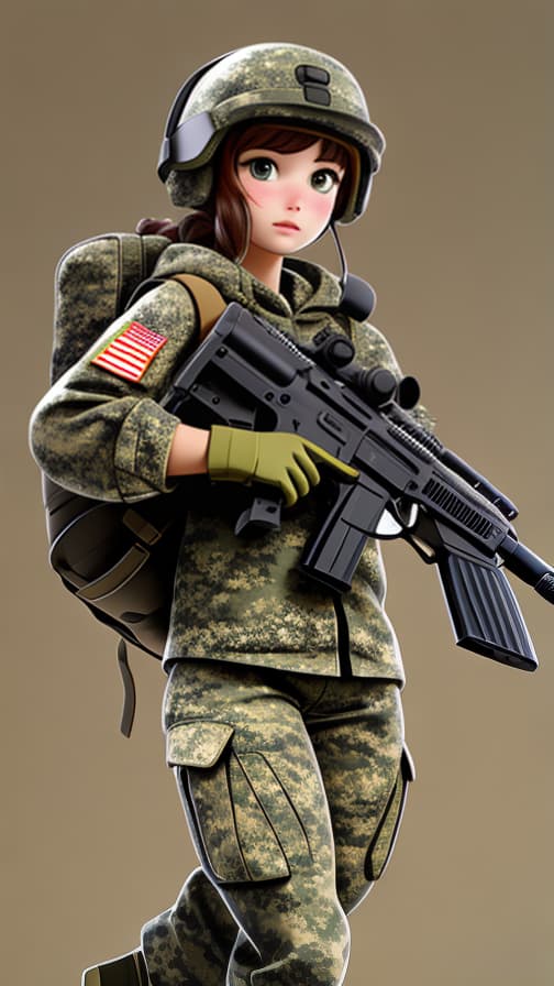  Two heads, U.S. Army full equipment, camouflage color, tank, rifle, girl, cute.