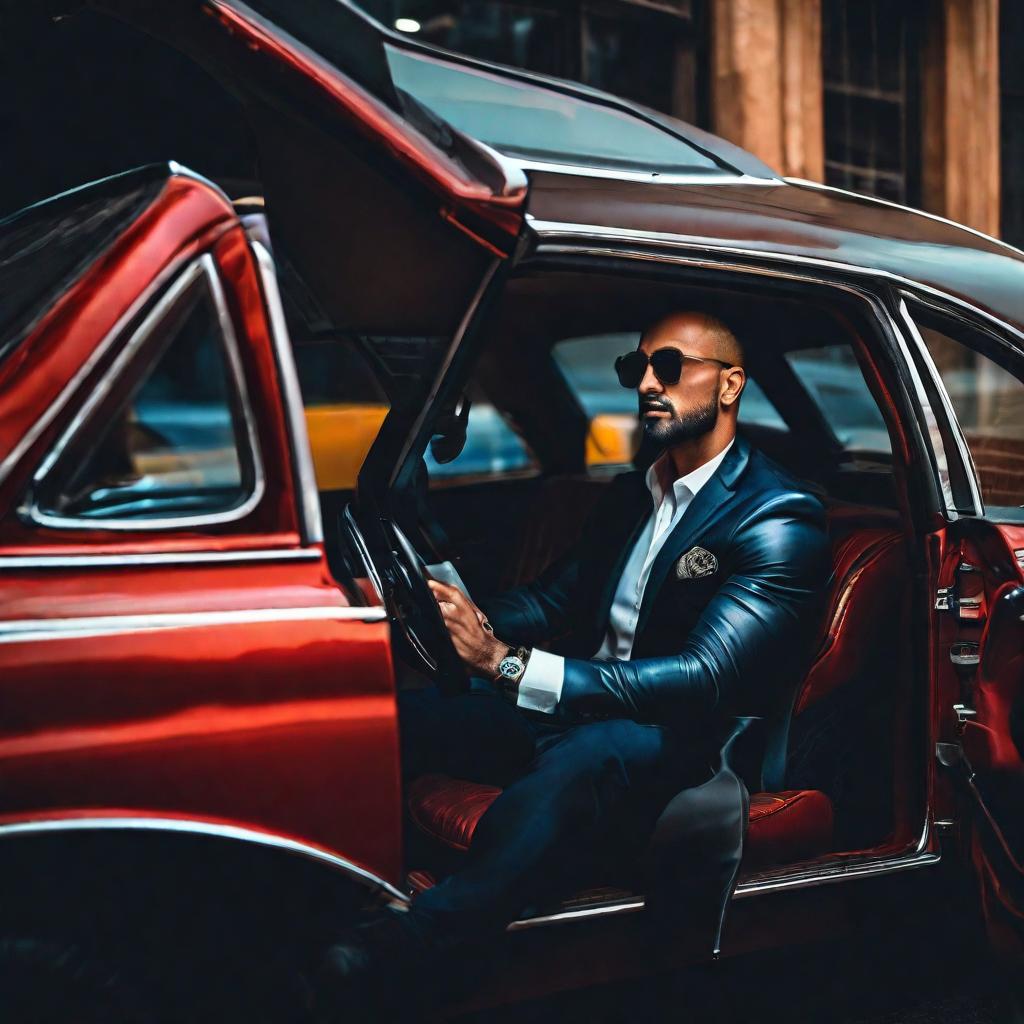  a man sitting inside the car hyperrealistic, full body, detailed clothing, highly detailed, cinematic lighting, stunningly beautiful, intricate, sharp focus, f/1. 8, 85mm, (centered image composition), (professionally color graded), ((bright soft diffused light)), volumetric fog, trending on instagram, trending on tumblr, HDR 4K, 8K