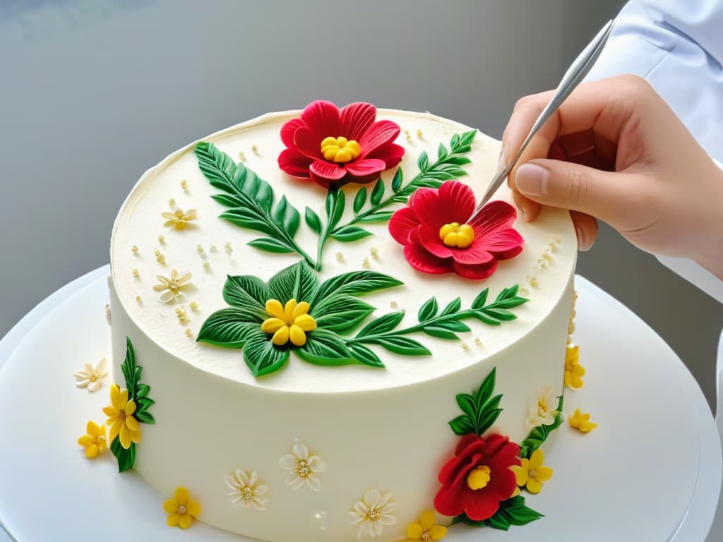  An intricately detailed closeup image of a professional pastry chef delicately crafting a sugar flower with fine tools, showcasing the intricate process of sugar artistry. The chef's hands are adorned with colorful edible paints, and the background features a variety of finished sugar decorations like delicate lace patterns and shimmering sugar gems, all set against a pristine white backdrop to highlight the artistry and precision of sugar decoration techniques. hyperrealistic, full body, detailed clothing, highly detailed, cinematic lighting, stunningly beautiful, intricate, sharp focus, f/1. 8, 85mm, (centered image composition), (professionally color graded), ((bright soft diffused light)), volumetric fog, trending on instagram, trending on tumblr, HDR 4K, 8K