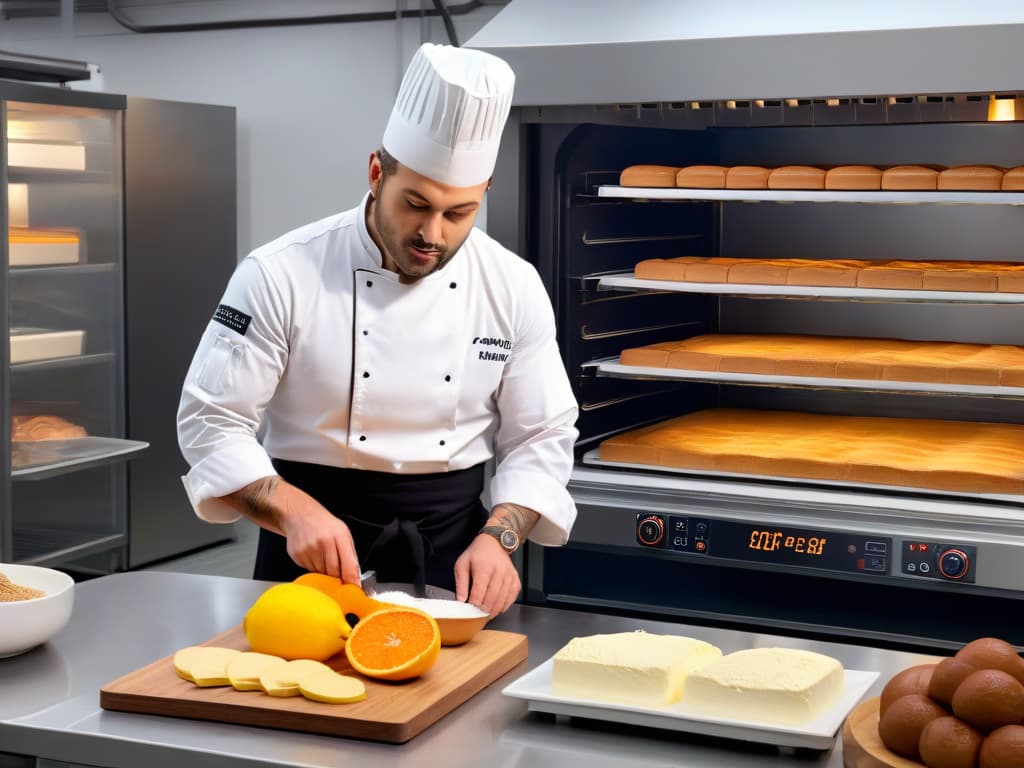  A photorealistic image of a skilled pastry chef in a modern kitchen, surrounded by a variety of ingredients for fermentation like sourdough starter, yeast, and fresh fruits. The chef is meticulously measuring ingredients with precision scales, while holographic displays of augmented reality fermentation processes float around the kitchen, adding a futuristic and educational element to the traditional art of baking. The warm glow of the oven in the background and the chef's focused expression convey a sense of expertise and creativity in the realm of pastry fermentation. hyperrealistic, full body, detailed clothing, highly detailed, cinematic lighting, stunningly beautiful, intricate, sharp focus, f/1. 8, 85mm, (centered image composition), (professionally color graded), ((bright soft diffused light)), volumetric fog, trending on instagram, trending on tumblr, HDR 4K, 8K