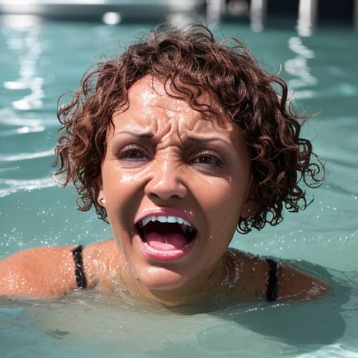  tanned woman's face with short and curly haircut is in the water up to her cheeckboones she's panic and screaming