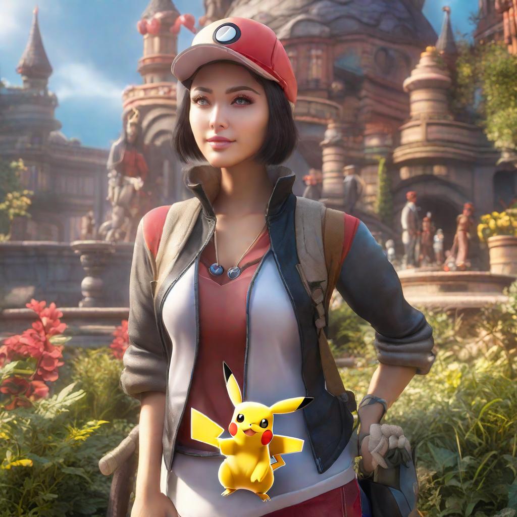  Pokemon trainer hyperrealistic, full body, detailed clothing, highly detailed, cinematic lighting, stunningly beautiful, intricate, sharp focus, f/1. 8, 85mm, (centered image composition), (professionally color graded), ((bright soft diffused light)), volumetric fog, trending on instagram, trending on tumblr, HDR 4K, 8K