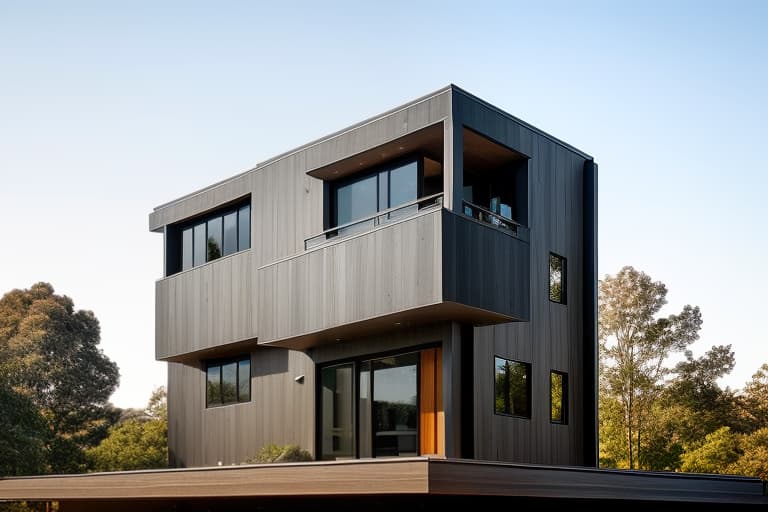  Street view of the house, modern architectural style, dark aluminum doors, balcony ceiling covered with wooden conwood panels, beautiful lighting