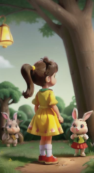  {A family of fluffy rabbits, some hiding behind tree trunks, others king out from behind bushes, all in mid play., A young named Lily with brown hair in pigtails, wearing a bright yellow dress with red shoes, and holding a small lantern. She is curious and adventurous.