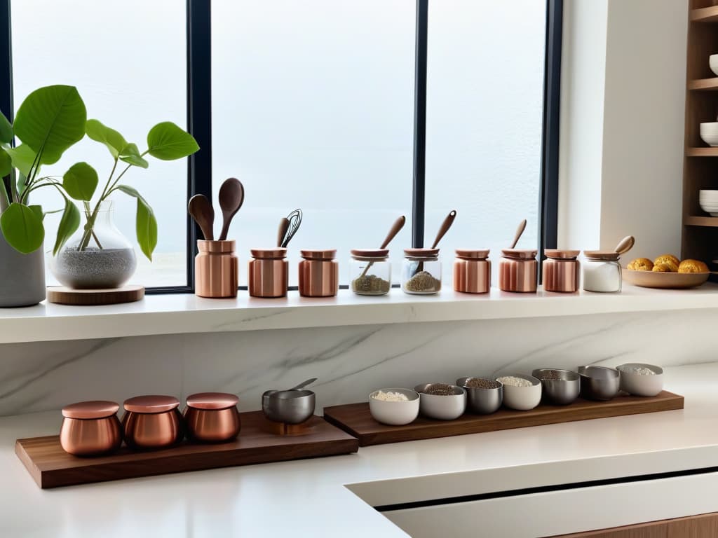  A pristine white marble countertop in a compact kitchen, showcasing a sleek and organized baking station complete with neatly stacked jars of ingredients, a row of copper measuring cups hanging from hooks, a minimalist wooden knife block, and a stack of pastelcolored mixing bowls. The soft natural light filtering through a nearby window highlights the clean lines and thoughtful arrangement, conveying a sense of efficiency and elegance in a small living space. hyperrealistic, full body, detailed clothing, highly detailed, cinematic lighting, stunningly beautiful, intricate, sharp focus, f/1. 8, 85mm, (centered image composition), (professionally color graded), ((bright soft diffused light)), volumetric fog, trending on instagram, trending on tumblr, HDR 4K, 8K