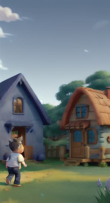  {Max walking back towards the cozy little house with droopy eyes, as twilight falls, The big blue dog is large with sky blue fur, big round eyes, a black nose, and floppy ears.