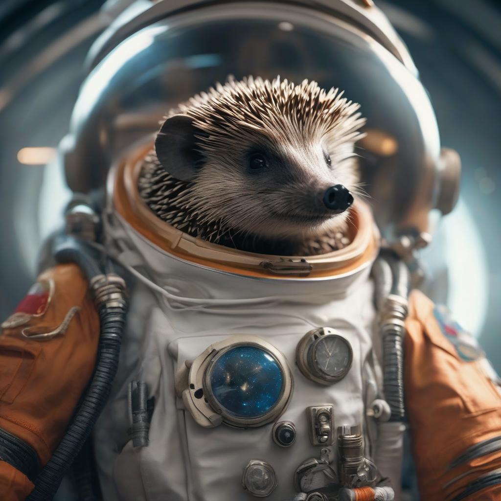  hedgehog cosmonaut in a spacesuit hyperrealistic, full body, detailed clothing, highly detailed, cinematic lighting, stunningly beautiful, intricate, sharp focus, f/1. 8, 85mm, (centered image composition), (professionally color graded), ((bright soft diffused light)), volumetric fog, trending on instagram, trending on tumblr, HDR 4K, 8K