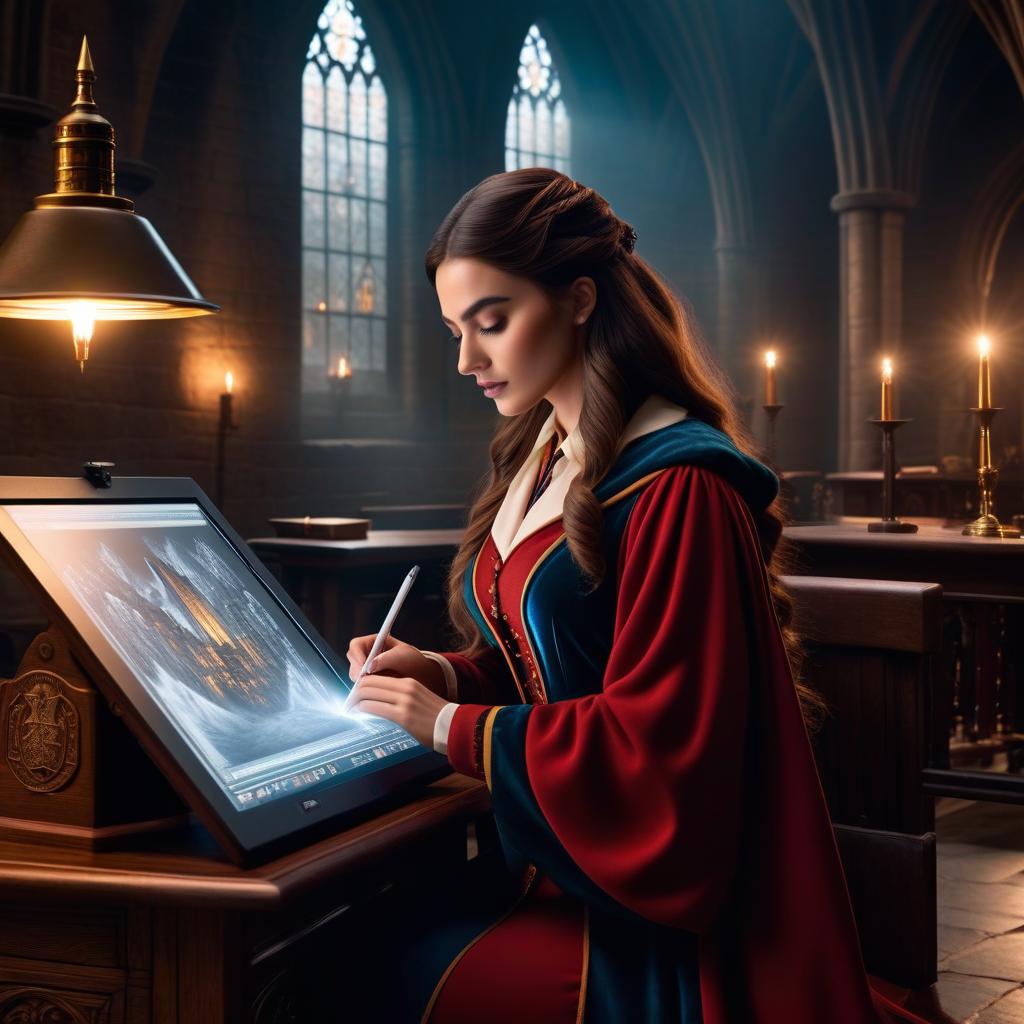  A girl is drawing on a graphic tablet in Hogwarts. hyperrealistic, full body, detailed clothing, highly detailed, cinematic lighting, stunningly beautiful, intricate, sharp focus, f/1. 8, 85mm, (centered image composition), (professionally color graded), ((bright soft diffused light)), volumetric fog, trending on instagram, trending on tumblr, HDR 4K, 8K