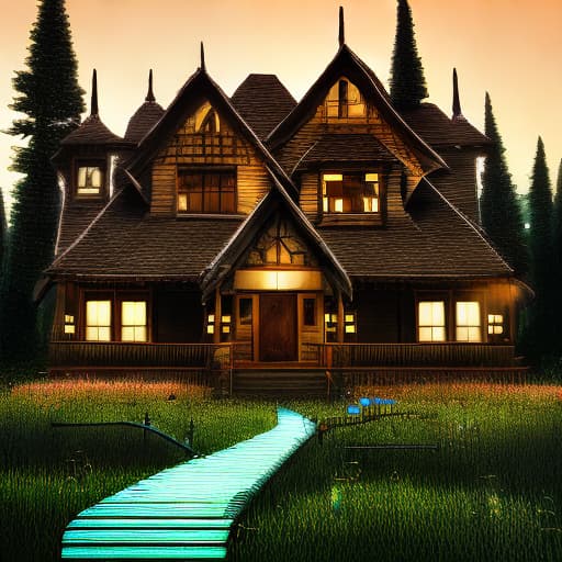 mdjrny-v4 style give me thumbnail picture showing scary house home at night