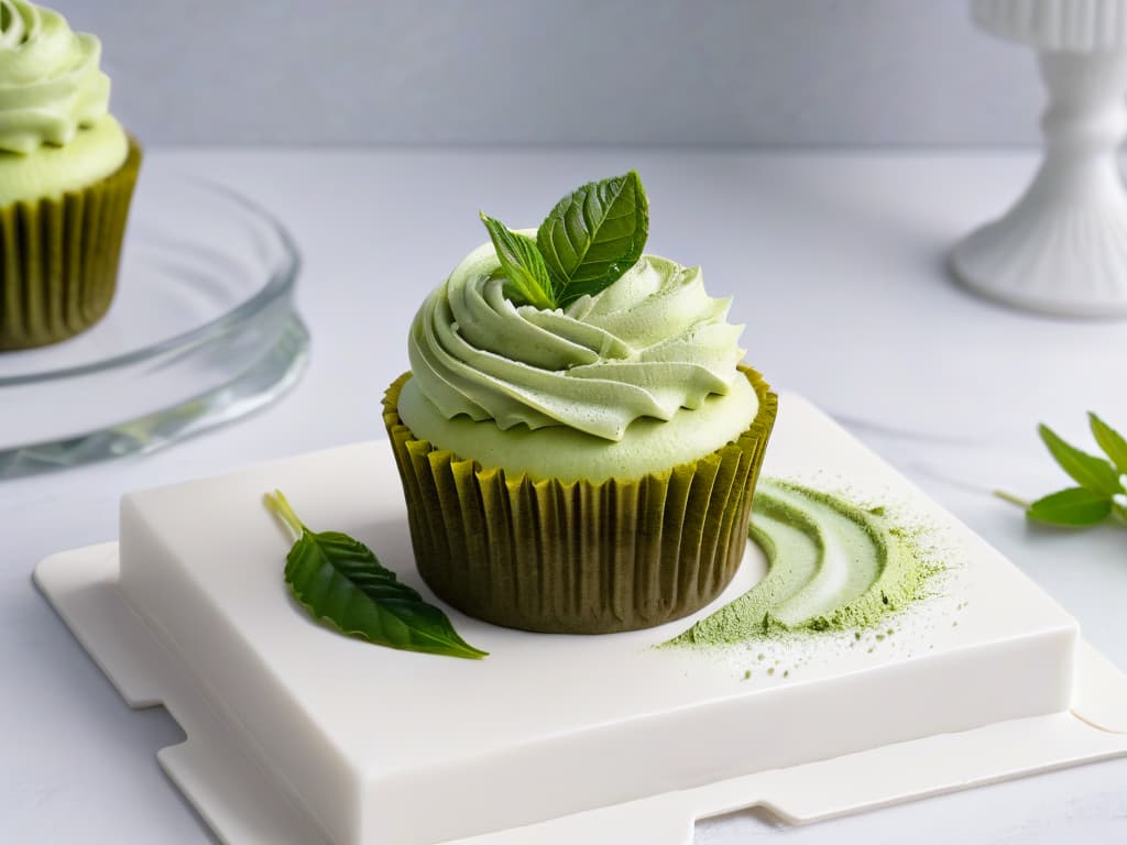  A closeup, ultrahigh resolution image of a delicate, perfectly frosted matcha green tea cupcake, topped with a vibrant, fresh green tea leaf, set against a sleek, white marble backdrop. The frosting is smooth, with a light dusting of matcha powder, showcasing intricate details and textures that highlight the artistry of the dessert. The image captures the elegance and simplicity of matchainfused pastries, evoking a sense of sophistication and culinary mastery in a visually stunning, minimalist composition. hyperrealistic, full body, detailed clothing, highly detailed, cinematic lighting, stunningly beautiful, intricate, sharp focus, f/1. 8, 85mm, (centered image composition), (professionally color graded), ((bright soft diffused light)), volumetric fog, trending on instagram, trending on tumblr, HDR 4K, 8K