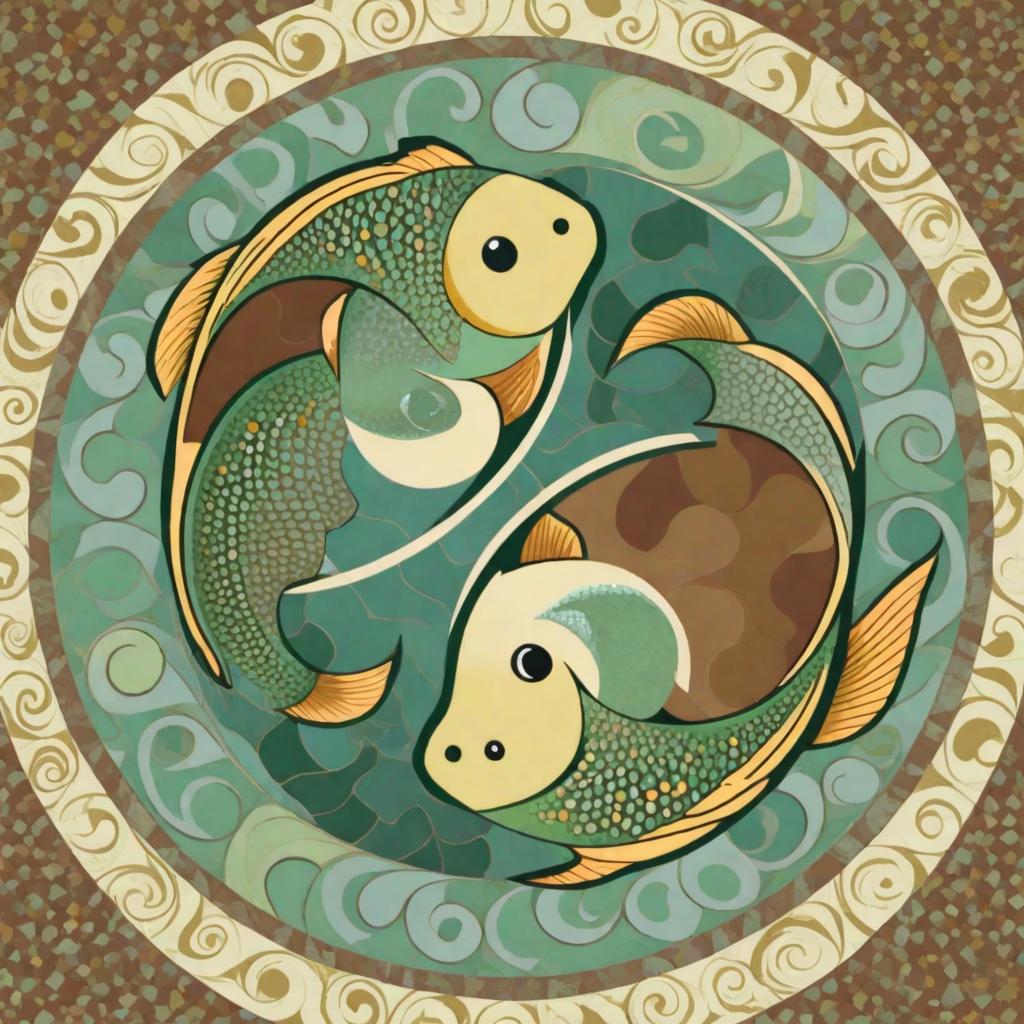  Yin and Yang symbol with trout fish, tessellation, radially symmetric, muted colors, brown, gold, green