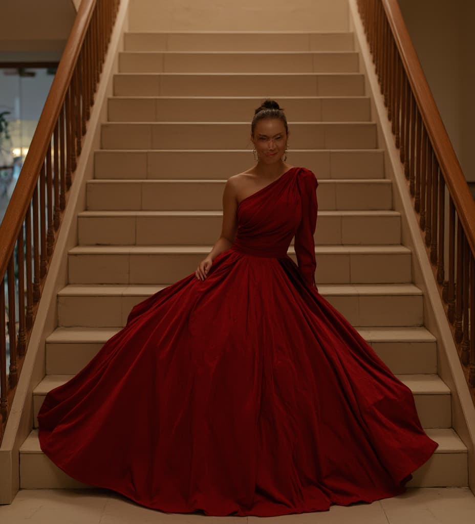  good quality, high quality, a 2 old is descending a grand staircase staircase. she is smiling. pale skin. she is . she is wearing a very big and long extravagant and gorgeous red . she is wearing extravagant jewelry. she is . her s are . enormous, mive s. her entire body is shown including her feet. photo.