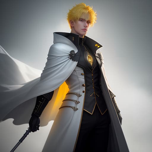  On the image there is a young man. He stands upright. He has yellow hair. He has blue eyes. He is wearing a black long coat with yellow inserts. hyperrealistic, full body, detailed clothing, highly detailed, cinematic lighting, stunningly beautiful, intricate, sharp focus, f/1. 8, 85mm, (centered image composition), (professionally color graded), ((bright soft diffused light)), volumetric fog, trending on instagram, trending on tumblr, HDR 4K, 8K