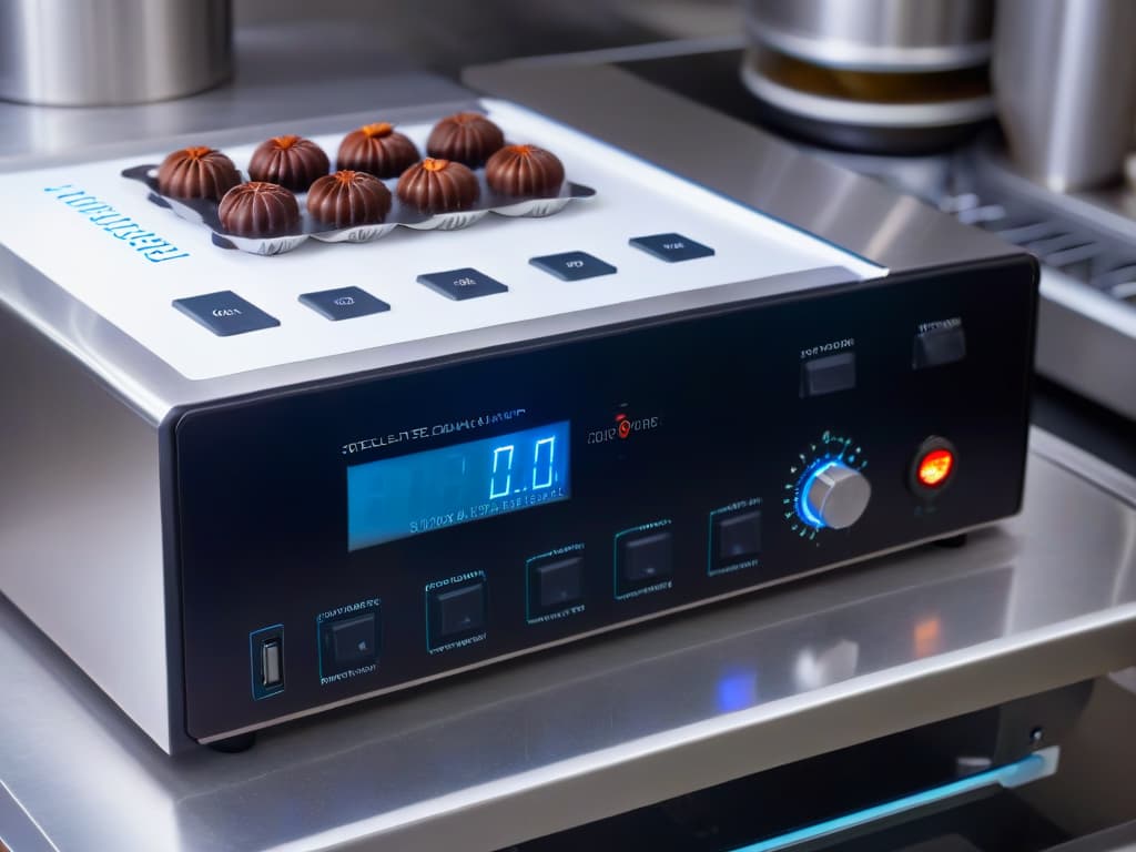  A closeup, ultradetailed image of a sleek, stainless steel chocolate tempering machine, capturing the intricate knobs, levers, and digital display panel with precision. The machine is set against a soft, blurred background, emphasizing its modern design and professional functionality. The lighting highlights the reflective surfaces, showcasing the highquality craftsmanship of this essential tool for working with chocolate. hyperrealistic, full body, detailed clothing, highly detailed, cinematic lighting, stunningly beautiful, intricate, sharp focus, f/1. 8, 85mm, (centered image composition), (professionally color graded), ((bright soft diffused light)), volumetric fog, trending on instagram, trending on tumblr, HDR 4K, 8K