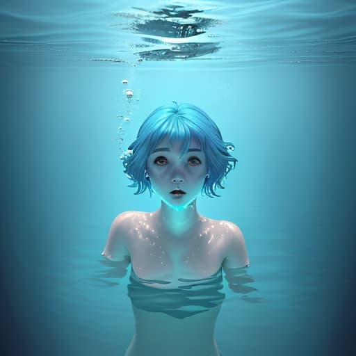  A girl under water with short blue hair no reaciton