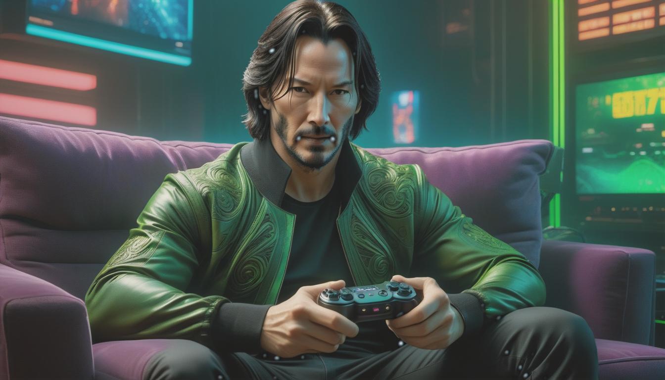  psychedelic style Neo, Keanu Reeves, Neo from the matrix, tired from work, sitting on the couch, watching TV, holding a gamepad, motion blur, green code bar, macro photography by Miki Asai, close up, hyper detailed, trends on artstation, sharp focus, studio photo, intricate details, very detailed, Greg Rutkowski, perfect composition, beautiful detailed intricate insanely detailed octane render trending on artstation, 8 k artistic photography, photorealistic concept art, soft natural volumetric cinematic perfect light, chiaroscuro, award winning photograph, masterpiece, oil on canvas, raphael, caravaggio, greg rutkowski, beeple, beksinski, giger . vibrant colors, swirling patterns, abstract forms, surreal, trippy hyperrealistic, full body, detailed clothing, highly detailed, cinematic lighting, stunningly beautiful, intricate, sharp focus, f/1. 8, 85mm, (centered image composition), (professionally color graded), ((bright soft diffused light)), volumetric fog, trending on instagram, trending on tumblr, HDR 4K, 8K