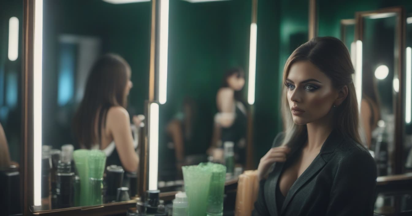  A girl with green eyes stands by the mirrors. hyperrealistic, full body, detailed clothing, highly detailed, cinematic lighting, stunningly beautiful, intricate, sharp focus, f/1. 8, 85mm, (centered image composition), (professionally color graded), ((bright soft diffused light)), volumetric fog, trending on instagram, trending on tumblr, HDR 4K, 8K