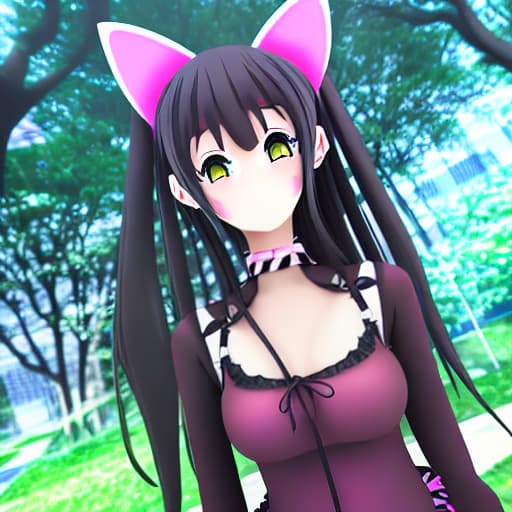  an anime girl with cat ears cat tail cat eyes walking into a realistic world