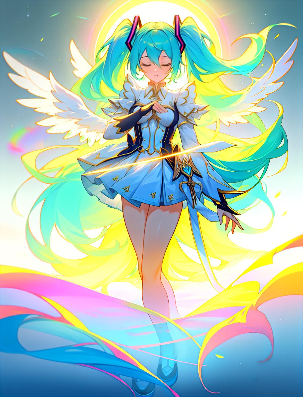  Rainbow Hatsune Miku. Angel vibes. Lots of colors , hyperrealistic, full body, detailed clothing, highly detailed, cinematic lighting, stunningly beautiful, intricate, sharp focus, f/1. 8, 85mm, (centered image composition), (professionally color graded), ((bright soft diffused light)), volumetric fog, trending on instagram, trending on tumblr, HDR 4K, 8K hyperrealistic, full body, detailed clothing, highly detailed, cinematic lighting, stunningly beautiful, intricate, sharp focus, f/1. 8, 85mm, (centered image composition), (professionally color graded), ((bright soft diffused light)), volumetric fog, trending on instagram, trending on tumblr, HDR 4K, 8K