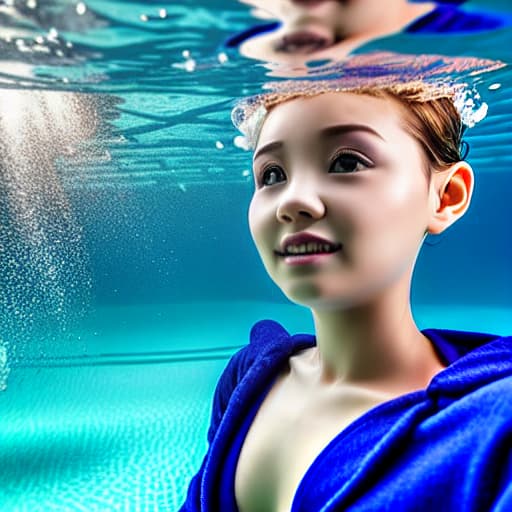  girl under water with short hair no reaction wearing robe without anything else