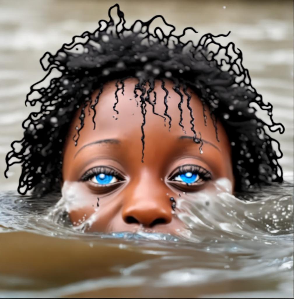  african woman with blue eyes drowning in the river she's screaming and panic a lot of water waves splashes and bubbles around her