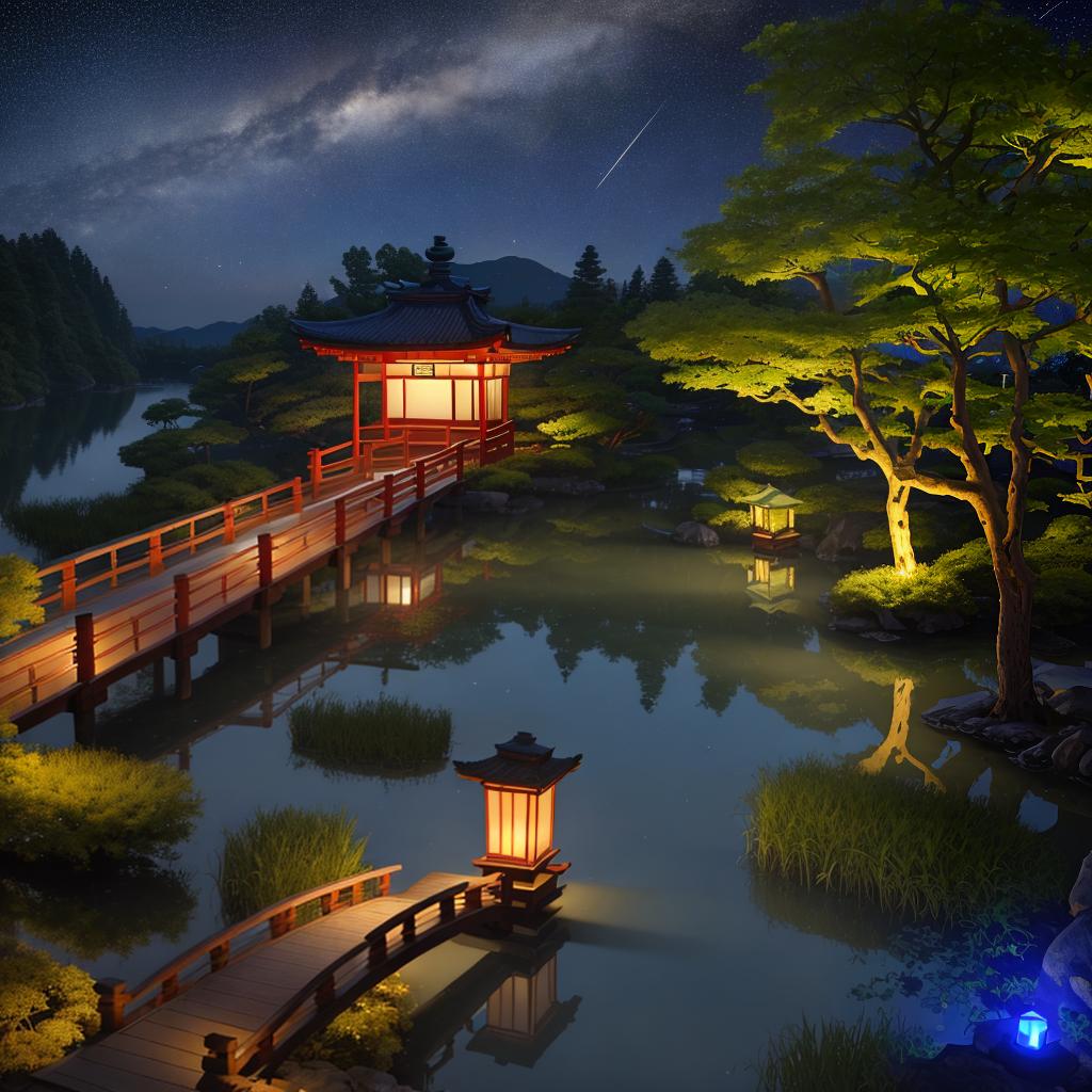  masterpiece, best quality,(fidelity: 1.4), best quality, masterpiece, ultra high resolution, 8k resolution, night view inspired by Japanese art, featuring a garden illuminated by paper lanterns and a wooden bridge spanning a tranquil lake with a small Zen temple by the lake. The water reflects the stars.