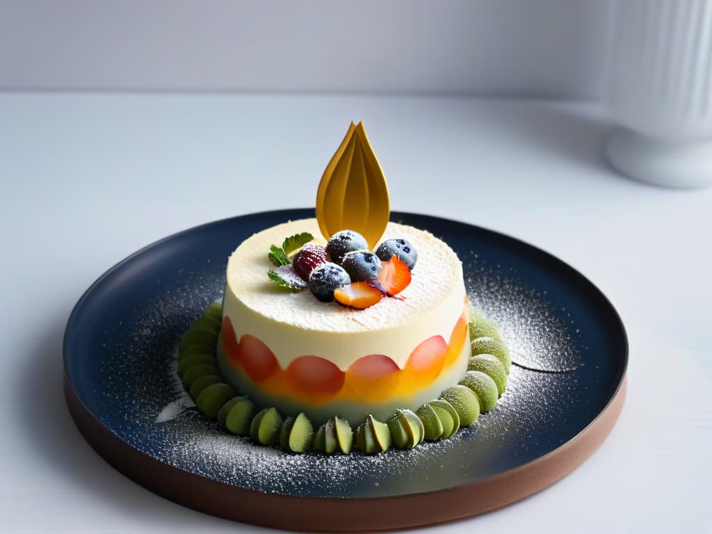  A closeup, ultradetailed image of a delicate, avantgarde dessert plated on a sleek, modern dish. The dessert features intricate layers of vibrant colors and textures, with a dusting of edible gold leaf adding a touch of luxury. Light reflects off the glossy surface of the dessert, highlighting the precision and artistry that went into its creation. hyperrealistic, full body, detailed clothing, highly detailed, cinematic lighting, stunningly beautiful, intricate, sharp focus, f/1. 8, 85mm, (centered image composition), (professionally color graded), ((bright soft diffused light)), volumetric fog, trending on instagram, trending on tumblr, HDR 4K, 8K