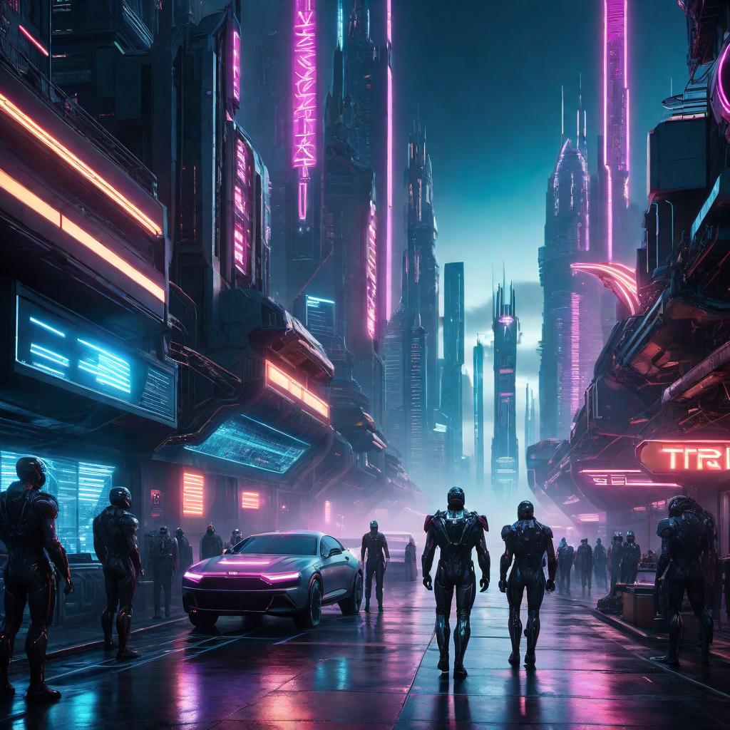  A futuristic cityscape representing transhumanism. The scene includes advanced technology, human augmentation, and cybernetic enhancements. Futuristic buildings with neon lights, metallic textures, and clean designs. Augmented humans with cybernetic limbs or enhancements. The color palette is mainly metallic, neon, and dark tones. The mood conveys a blend of innovation and a hint of dystopia, showing the merger of human and machine. hyperrealistic, full body, detailed clothing, highly detailed, cinematic lighting, stunningly beautiful, intricate, sharp focus, f/1. 8, 85mm, (centered image composition), (professionally color graded), ((bright soft diffused light)), volumetric fog, trending on instagram, trending on tumblr, HDR 4K, 8K