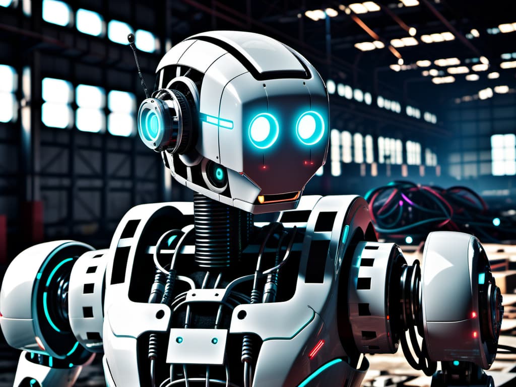  cybernetic robot abandoned factory of toys. . android, AI, machine, metal, wires, tech, futuristic, highly detailed