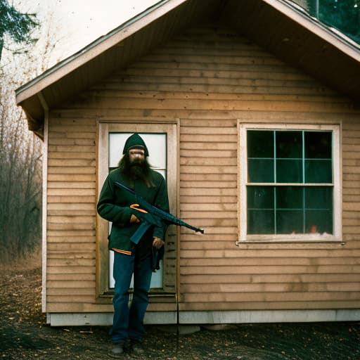 analog style A man in plain clothes holding a rifle, covered in blood, standing in front of a wooden house.