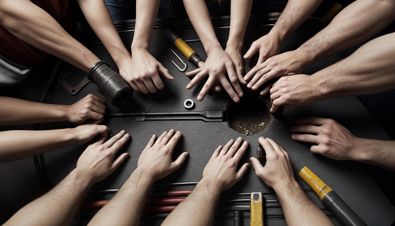  digital illustration, a broken pipe and toolbox at the center, with two pairs of hands (one male and one female) reaching in from either side, collaborative, clear and detailed, looking at viewer, dynamic pose, (intricate details, masterpiece, best quality)