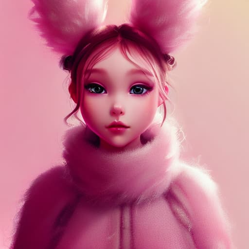 portrait+ style pink. furry. twin bun hair. girl. chibi. cute. kawaii. background cute cosmetics. blurred blush painting. cute fluffy fox