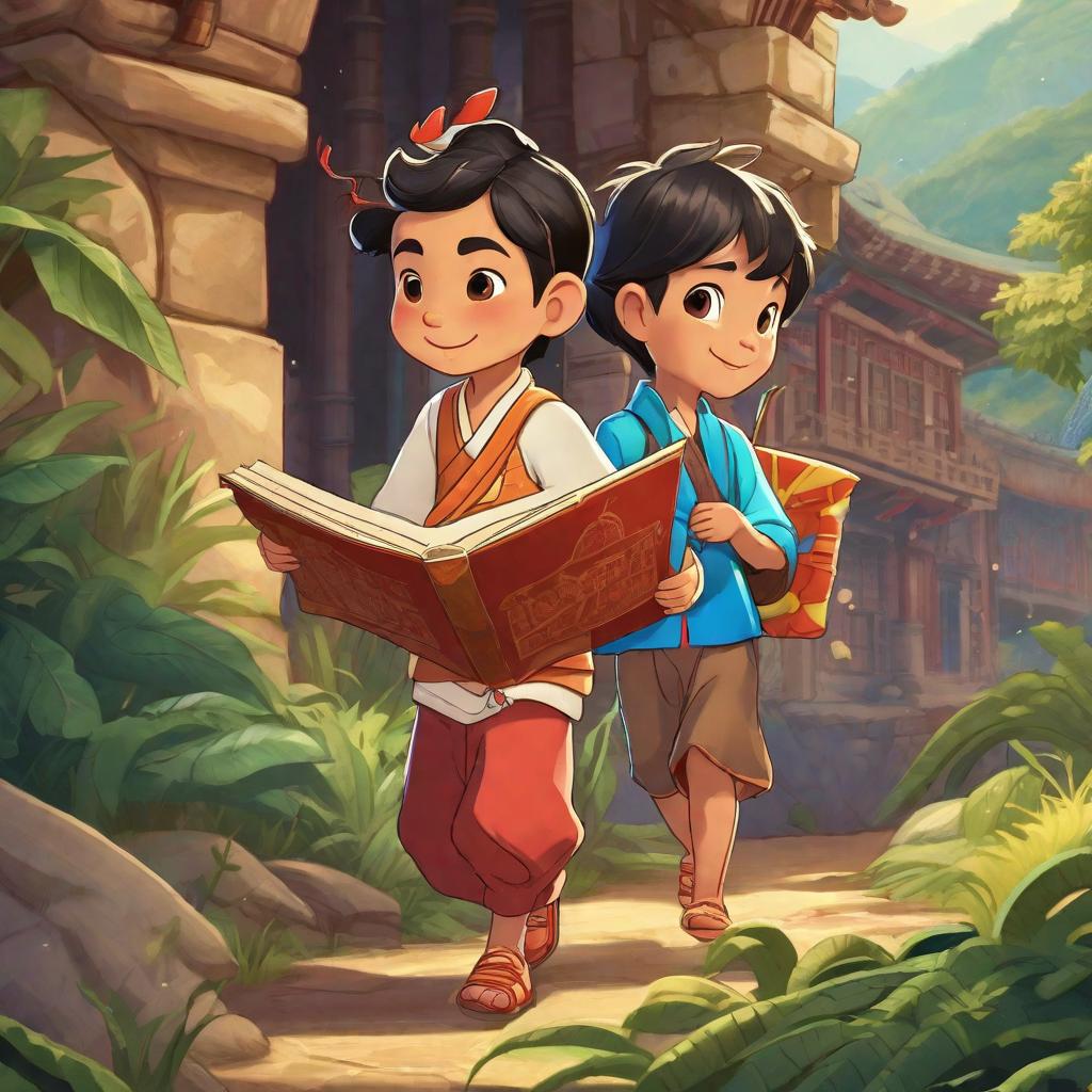  Prompt: Ilrate a brightly colored, -friendly scene of two young ren, let's say a boy named "Wangnun" and a named "SingSing" on an adventurous journey. Wangnun, a spunky boy with sparkling eyes, is carrying a large, rolled-up map, and SingSing, a bubbly with pigtails, is holding a comp carefully. They're heading east, indicated by a magnificent sunset casting a warm, orange glow in the western sky behind them. Eternal friend - the sun is almost the horizon, creating long shadows of the two ren on the path ahead. They're determined and focused, yet there is a sense of excitement and joy in their expressions. They are pushing through a bush path, following an advice they had received. The foliag hyperrealistic, full body, detailed clothing, highly detailed, cinematic lighting, stunningly beautiful, intricate, sharp focus, f/1. 8, 85mm, (centered image composition), (professionally color graded), ((bright soft diffused light)), volumetric fog, trending on instagram, trending on tumblr, HDR 4K, 8K