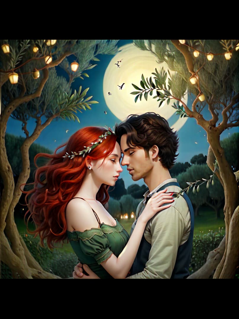  nicoletta ceccoli inspired image of a beautiful woman red hair, and man with black hair in a Tuscan olive grove, two beautifully twisted olive trees twisted together with entwined branches like the lovers, arms full of jasmine at night time and a songbird, Highly defined, highly detailed, sharp focus, (centered image composition), 4K, 8K
