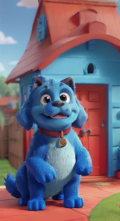  {Max the big blue dog standing in front of a cozy little house with a red door, The big blue dog is large with sky blue fur, big round eyes, a black nose, and floppy ears.