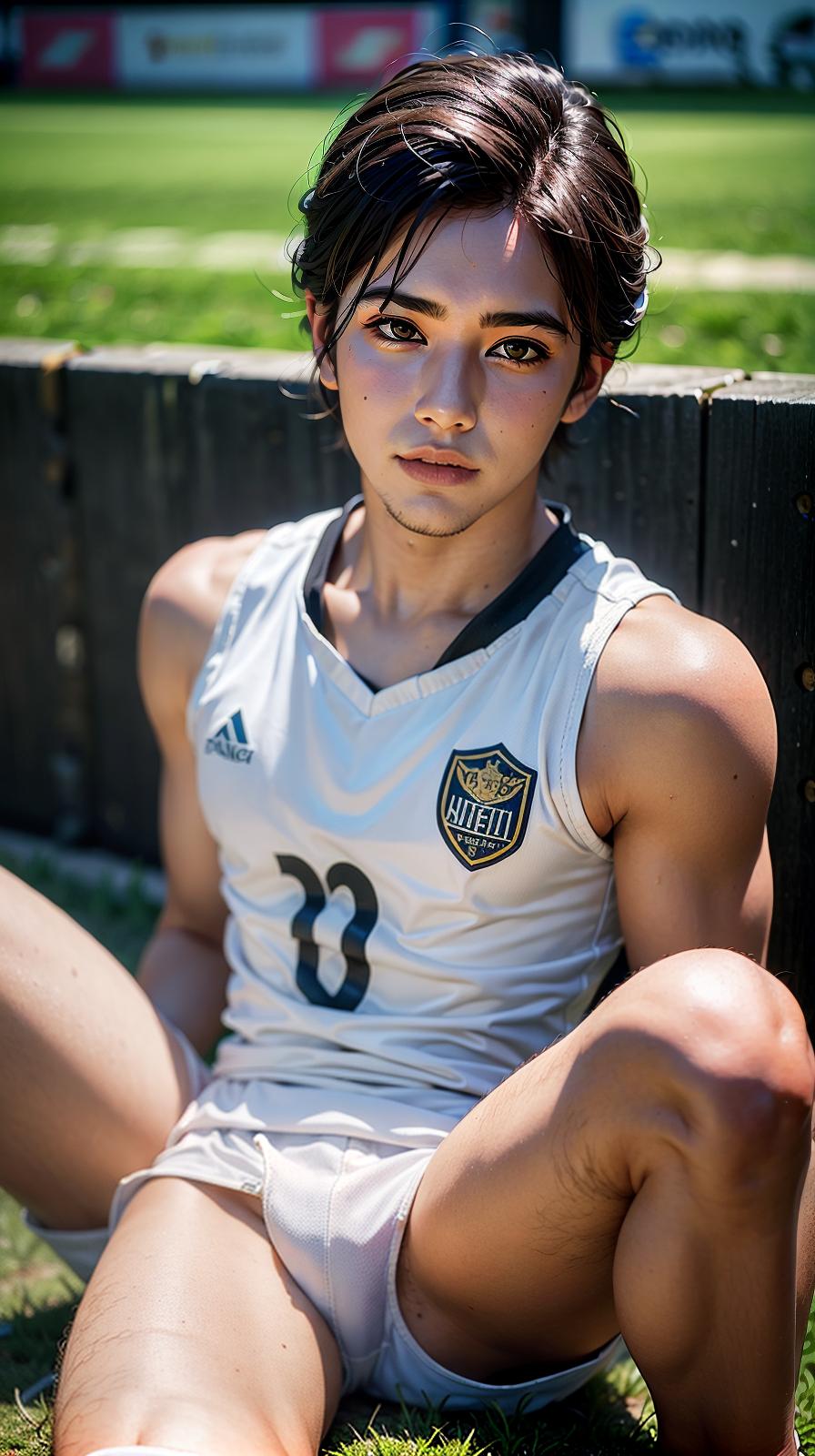  ultra high res, (photorealistic:1.4), raw photo, (realistic face), realistic eyes, (realistic skin), <lora:XXMix9_v20LoRa:0.8>, (handsome:1.4), (male:2.1), (young soccer players:1.3), (pompadour:1.3), (white briefs:1.3), (sleeveless:1.2), spike shoes, (soccer shin guards:1.3), young, sitting posture, (spread legs:1.1), real skin, (sexy posing:1.3), hot guy, (muscular:1.3), (naked:1.1), (bulge:1.1), trained calves, thigh, realistic, lifelike, high quality, photos taken with a single-lens reflex camera, (looking at the camera:1.2)