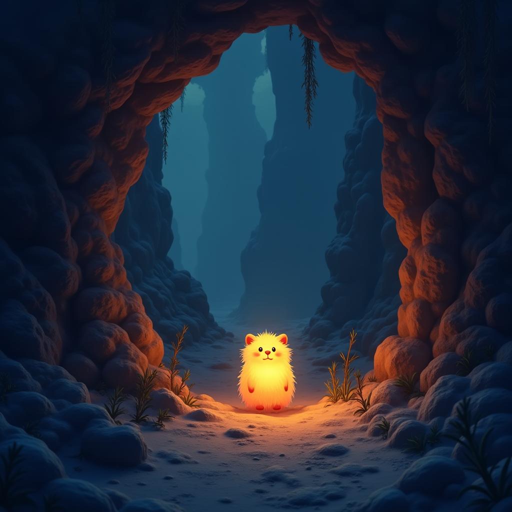  good quality, high quality, a whimsical cave explore reveals a glowing furry creature at twilight