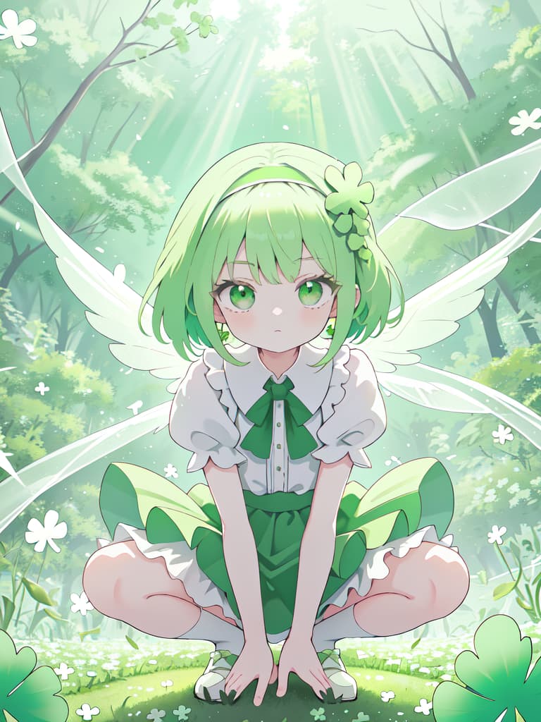  Green Hair, Green Eye, Light Green, clothes are one piece, Skirt, Squat, Clover, Look for Clover, WHITE HEADBAND, light, masterpiece, best quality,8k,ultra detailed,high resolution,an extremely delicate and beautiful,hyper detail