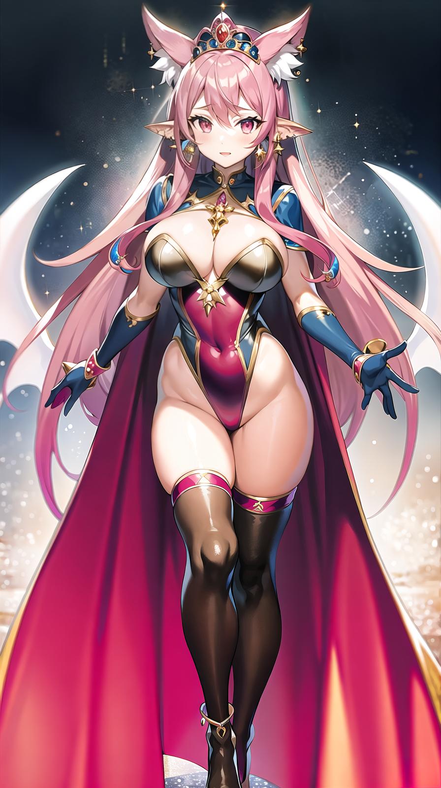  master piece , best quality,Tiara, magic hat, long cape, huge ribbon, leotard, gloves, jewelry, earrings, wings of light, red costume, long two side up hair, pink hair color, beautiful with wolf ears, wolf tail, big s, magic wand, growth transformation, full body