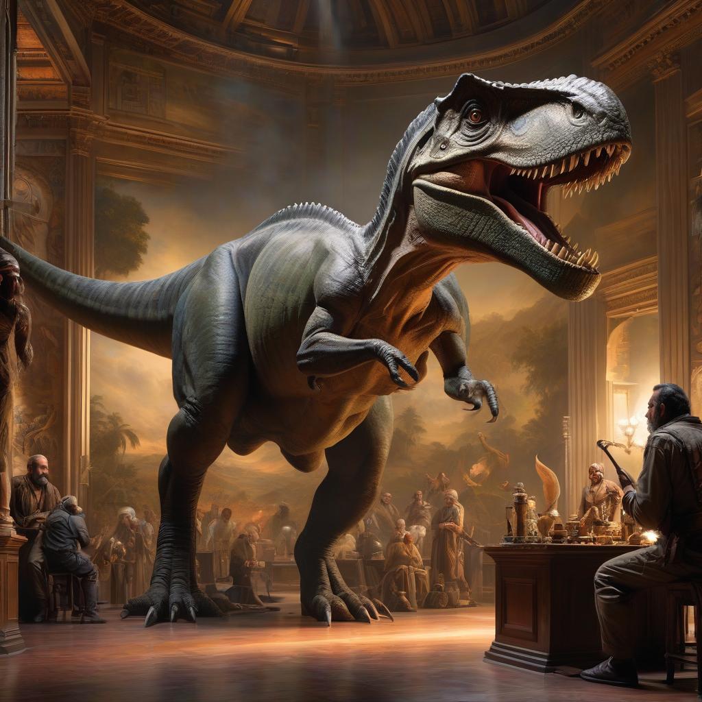  On the left side of the painting, a dinosaur is eating Darwin, and on the right side of the painting, there's an Indian with a peace pipe in a museum hall. hyperrealistic, full body, detailed clothing, highly detailed, cinematic lighting, stunningly beautiful, intricate, sharp focus, f/1. 8, 85mm, (centered image composition), (professionally color graded), ((bright soft diffused light)), volumetric fog, trending on instagram, trending on tumblr, HDR 4K, 8K