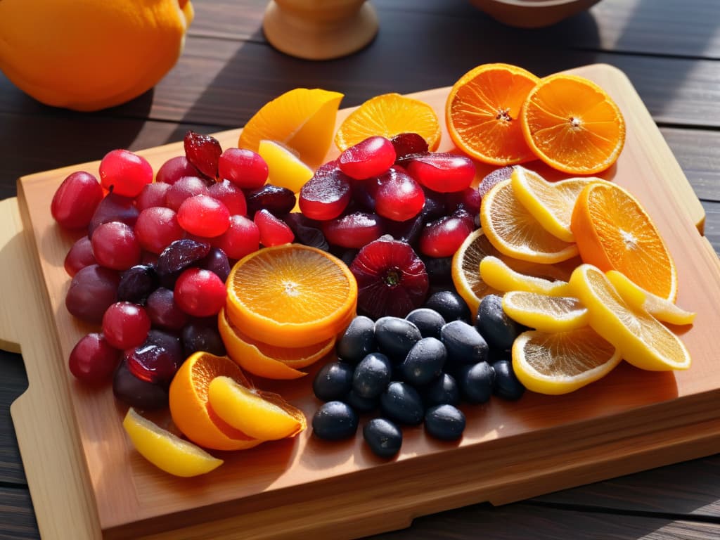  A closeup, photorealistic image of a variety of colorful candied and dried fruits neatly arranged on a wooden cutting board. The fruits include vibrant orange slices, translucent candied cherries, plump raisins, and crystallized ginger, showcasing their texture, colors, and natural shine under a soft, diffused light that enhances their sweetness and freshness. hyperrealistic, full body, detailed clothing, highly detailed, cinematic lighting, stunningly beautiful, intricate, sharp focus, f/1. 8, 85mm, (centered image composition), (professionally color graded), ((bright soft diffused light)), volumetric fog, trending on instagram, trending on tumblr, HDR 4K, 8K