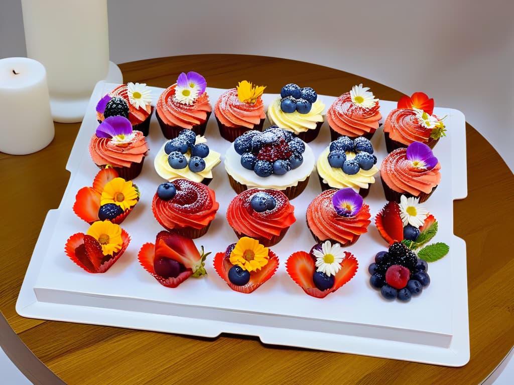  An ultradetailed 8k image of a beautifully arranged platter of colorful vegan cupcakes, each adorned with delicate edible flowers and surrounded by fresh berries. The cupcakes are elegantly presented on a sleek white marble serving board, creating a visually stunning and mouthwatering display that perfectly captures the essence of ecofriendly and delicious vegan desserts for kids. hyperrealistic, full body, detailed clothing, highly detailed, cinematic lighting, stunningly beautiful, intricate, sharp focus, f/1. 8, 85mm, (centered image composition), (professionally color graded), ((bright soft diffused light)), volumetric fog, trending on instagram, trending on tumblr, HDR 4K, 8K