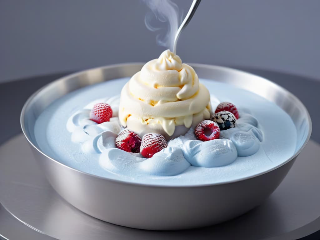  A closeup, ultradetailed image of a sleek, stainless steel mixing bowl filled with a velvety smooth, ultra creamy ice cream base being infused with billowing, icy tendrils of liquid nitrogen. The contrasting textures and temperatures create a visually striking and minimalist composition, highlighting the process of achieving the perfect ultra creamy texture using liquid nitrogen in ice cream making. hyperrealistic, full body, detailed clothing, highly detailed, cinematic lighting, stunningly beautiful, intricate, sharp focus, f/1. 8, 85mm, (centered image composition), (professionally color graded), ((bright soft diffused light)), volumetric fog, trending on instagram, trending on tumblr, HDR 4K, 8K