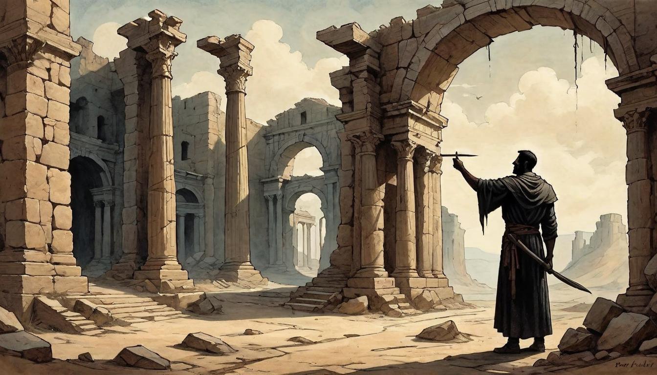  on parchment, surrealism+++, A lone figure, silhouetted against a backdrop of crumbling ancient ruins, raises an arm in challenge, the ruins symbolizing old norms, figure casting a long shadow, defiance, transition, thought provoking solitude(mysterious, provocative, symbolic,muted color)+++