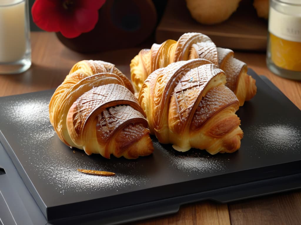  A closeup, highresolution image of a freshly baked, goldenbrown croissant on a sleek, matte black plate. The pastry is perfectly flaky, with delicate layers visible, and a light dusting of powdered sugar on top catches the soft ambient light, creating a subtle glow. The background is a soft, blurred outoffocus bakery setting, with hints of other pastries and baking tools, enhancing the minimalistic and professional tone of the image. hyperrealistic, full body, detailed clothing, highly detailed, cinematic lighting, stunningly beautiful, intricate, sharp focus, f/1. 8, 85mm, (centered image composition), (professionally color graded), ((bright soft diffused light)), volumetric fog, trending on instagram, trending on tumblr, HDR 4K, 8K