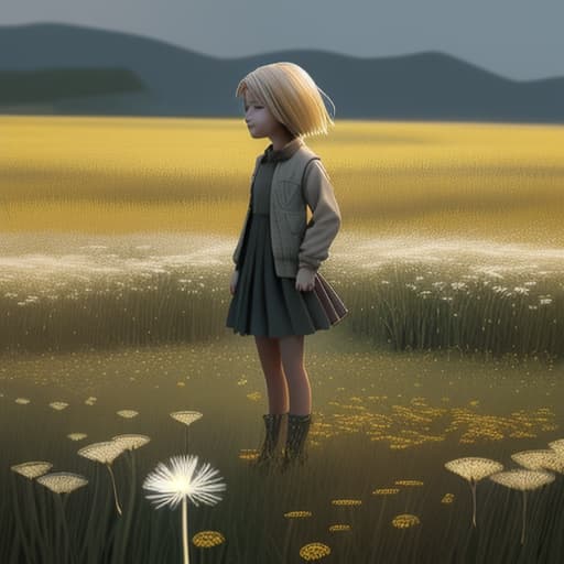  a girl alone in the middle of a feild of dandelion worried